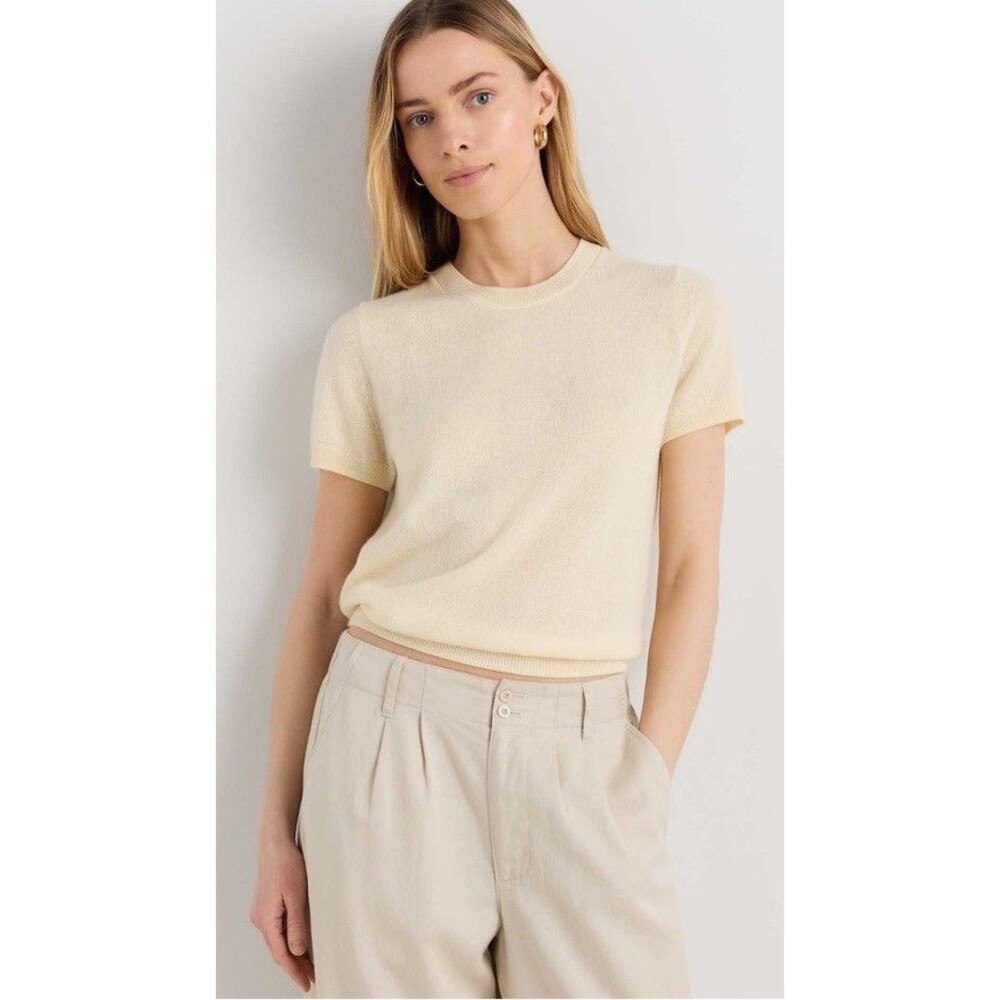 Quince Women's Ivory Mongolian 100% Cashmere Sweater Tee Short Sleeve Size S
